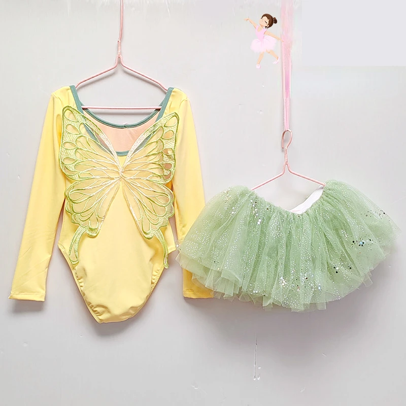 

Autumn Elegant Kids Ballet Dancewear Long Sleeve Leotard Tutu Set Butterfly Backless Bodysuit Skirts Girls Baby Costumes Clothes