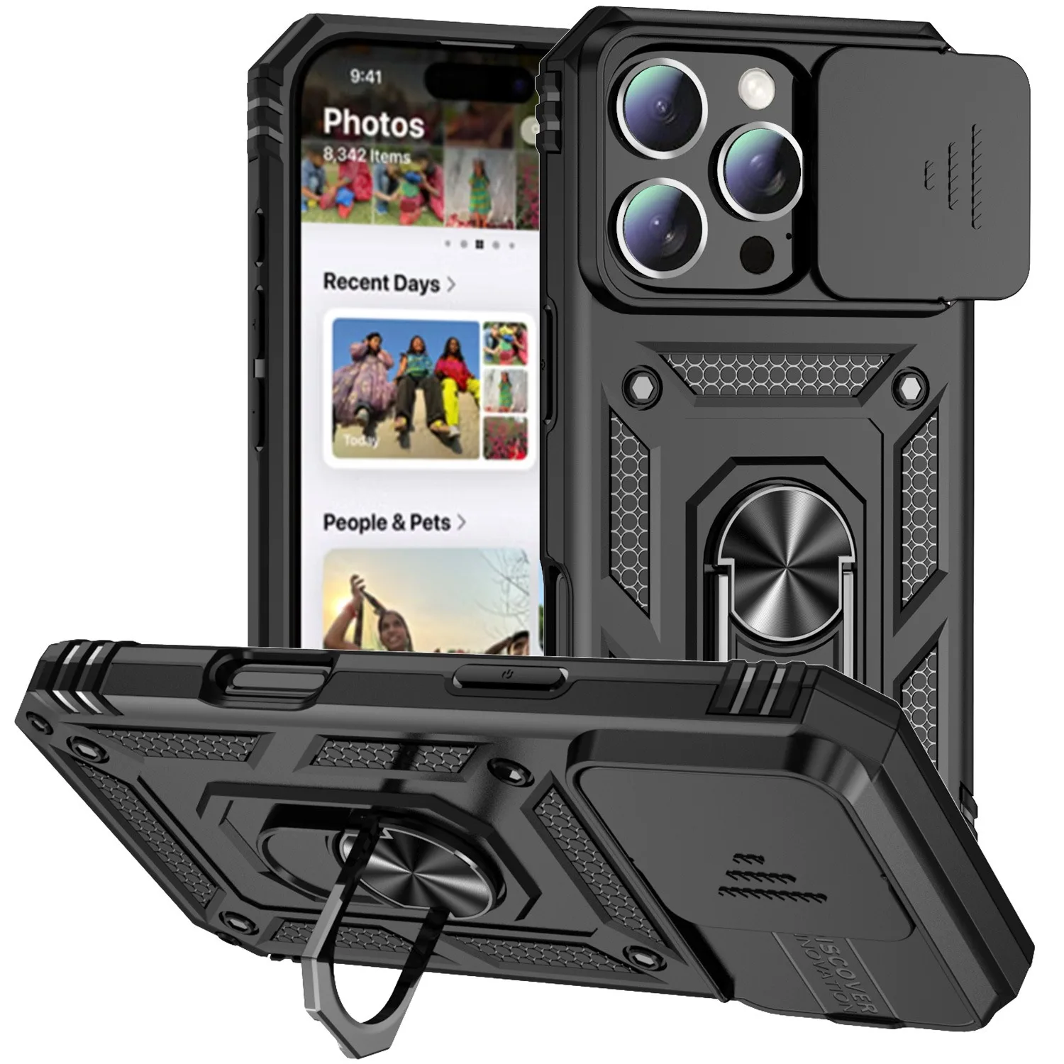 Soporte de anillo lente de cámara deslizante giratoria funda de armadura de grado militar para iPhone 16 14 13 12 11 15 Pro Max 16 Plus 13Mini 12Mini