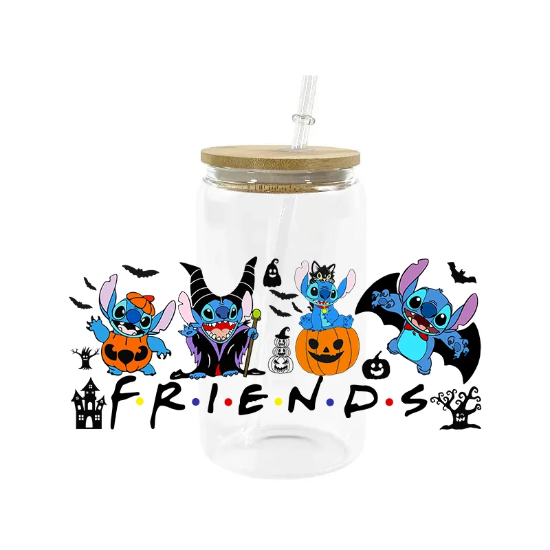 Miniso kartun Hallowee Stitch16OZ UV DTF Cup membungkus stiker Transfer untuk Kaca Libbey Can botol Selfadhesive dicuci DIY cangkir