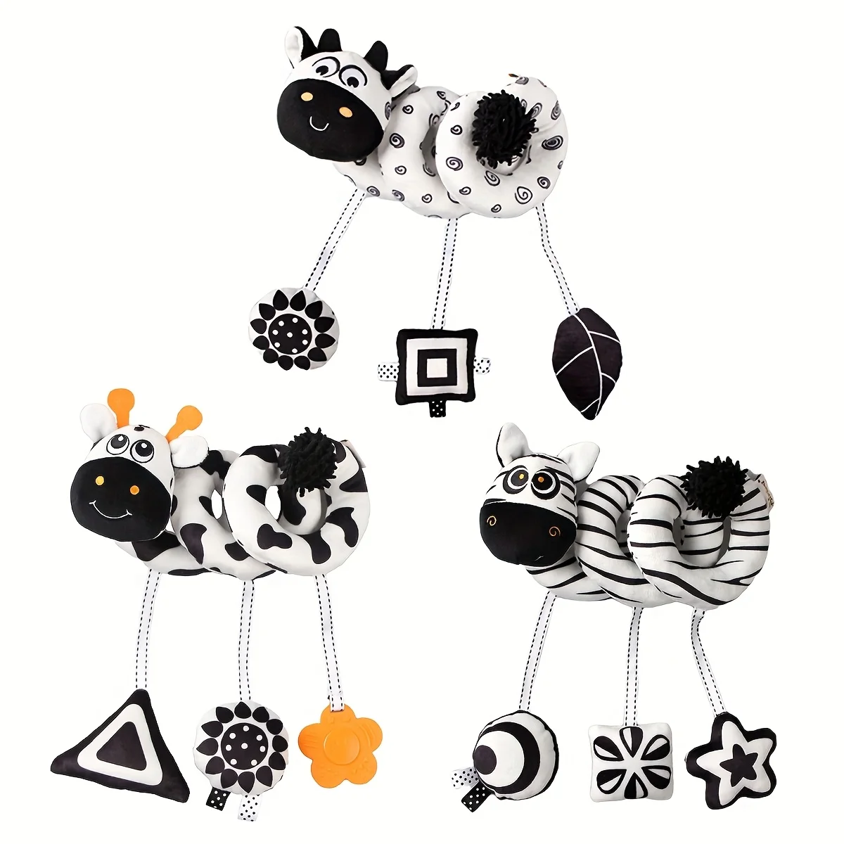 Lettino per bambini con stimolazione visiva degli animali in bianco e nero che avvolge l'auto, giocattolo sensoriale dei cartoni animati di animali, peluche a spirale