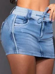 New Women Skirt Fashion Contrasting Color Zipper Stitching Casual Drawstring Denim Skirt