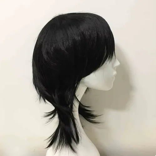 Emo Pruik Unisex Zwart Mullet Stijl Pruik Gelaagde Pony Pruik Middellange Rechte Cosplay Anime Pruik