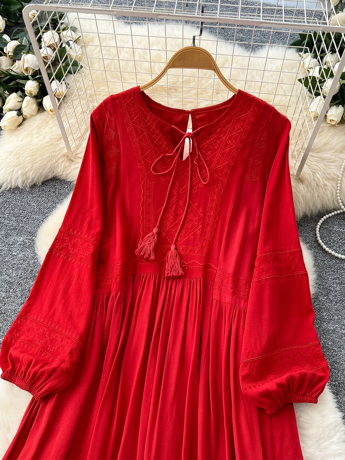 우아한 자수 루즈핏 랜턴 소매 라운드 넥 드레스 여성용 가을 롱 가운 프렌치 스타일 하이 웨이스트 A라인 스커트