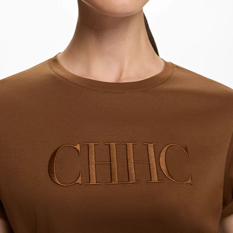 

CH Womens Brown Short Sleeve T-Shirt Embroidered Letter Print Casual Cotton Tee Summer Daily Wear Basic Top 2026 New Arrival