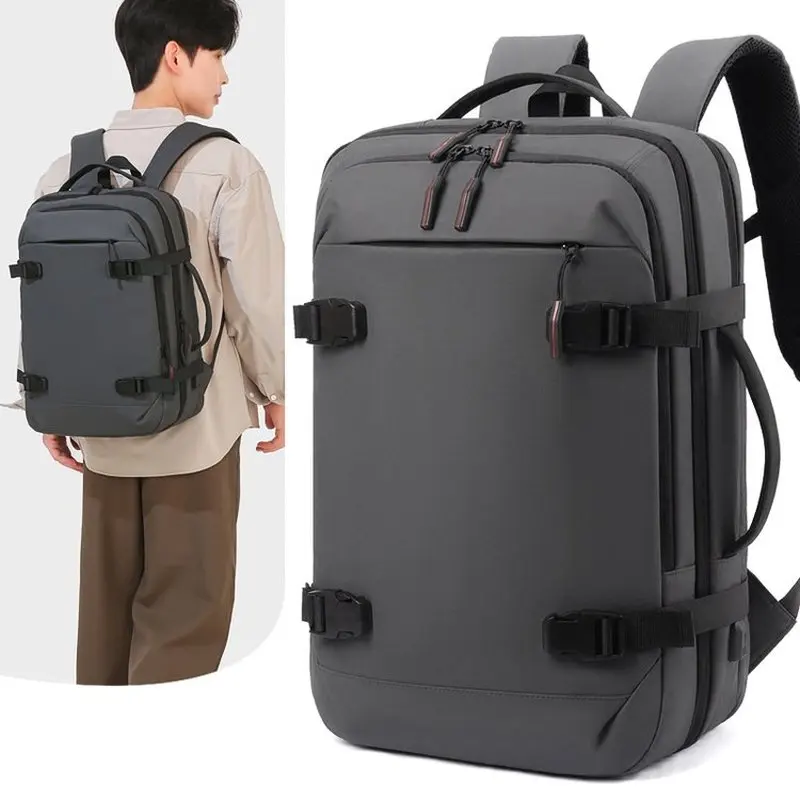 Men Travel Backpack With Compression Straps 180 Degree Opening Laptop Bag Side Handle Waterproof Business Rucksack For Work Trip
