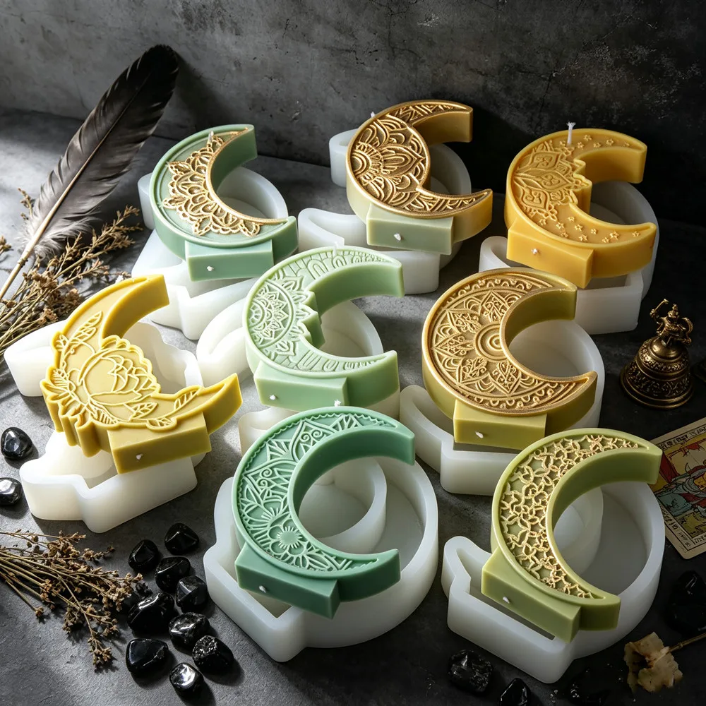 3D Embossed Crescent Moon Silicone Candle Mold Mandala Floral Pattern Moon Mold DIY Candle Resin Plaster Soap Ramadan Home Decor