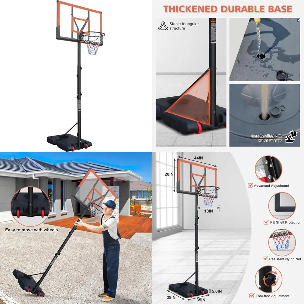 

adjustable height outdoor basketball goal with shock absorbent rim and 44in backboard, suitable for regulation and casual play