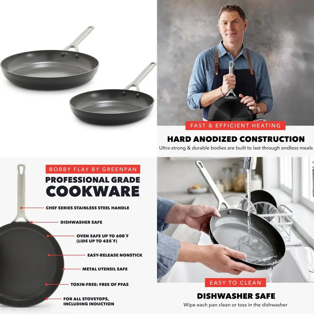 

Набор керамических сковородок GreenPan и Bobby Flay 10 и 12 дюймов с антипригарным покрытием, без PFAS, твердый анодированный, индукционная посуда, S