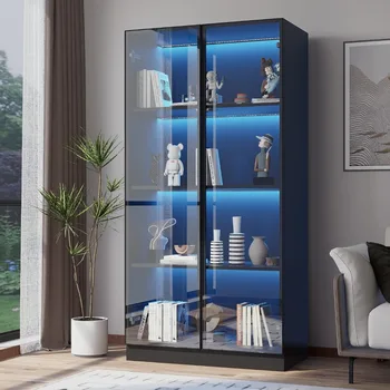 Image Display Cabinet with LED Lights, Glass Display Case Cabinet with 4-Tier Shelves, Curio Cabinet with 2 Glass Doors