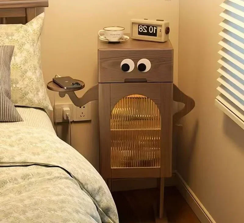 ZSolid Wood Bedside Table Creative Robot Shape Decoration Bedroom Living Room Storage Cabinet With Induction Light FunctionZ