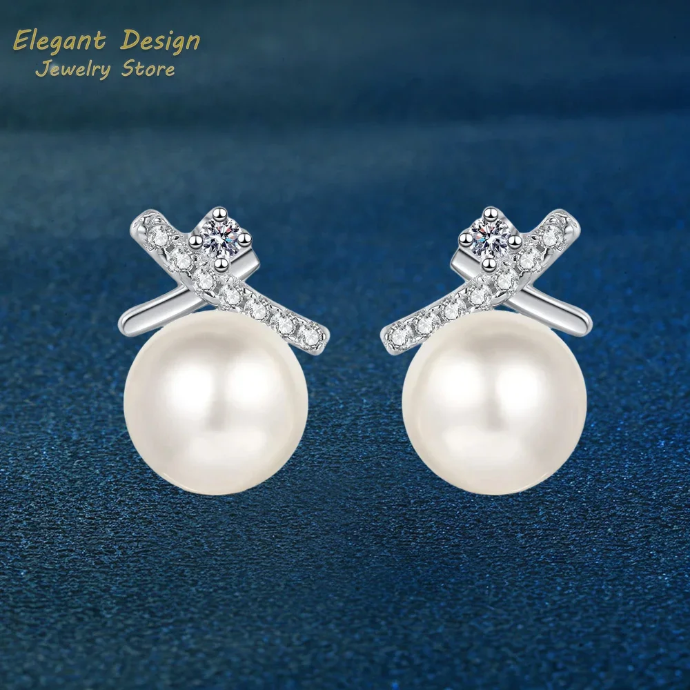 

Сверкающие 10 точек муассанит PT950, серьги-гвоздики, подарки, женские простые платиновые серьги с крестообразным дизайном и пресноводным жемчугом 6 мм