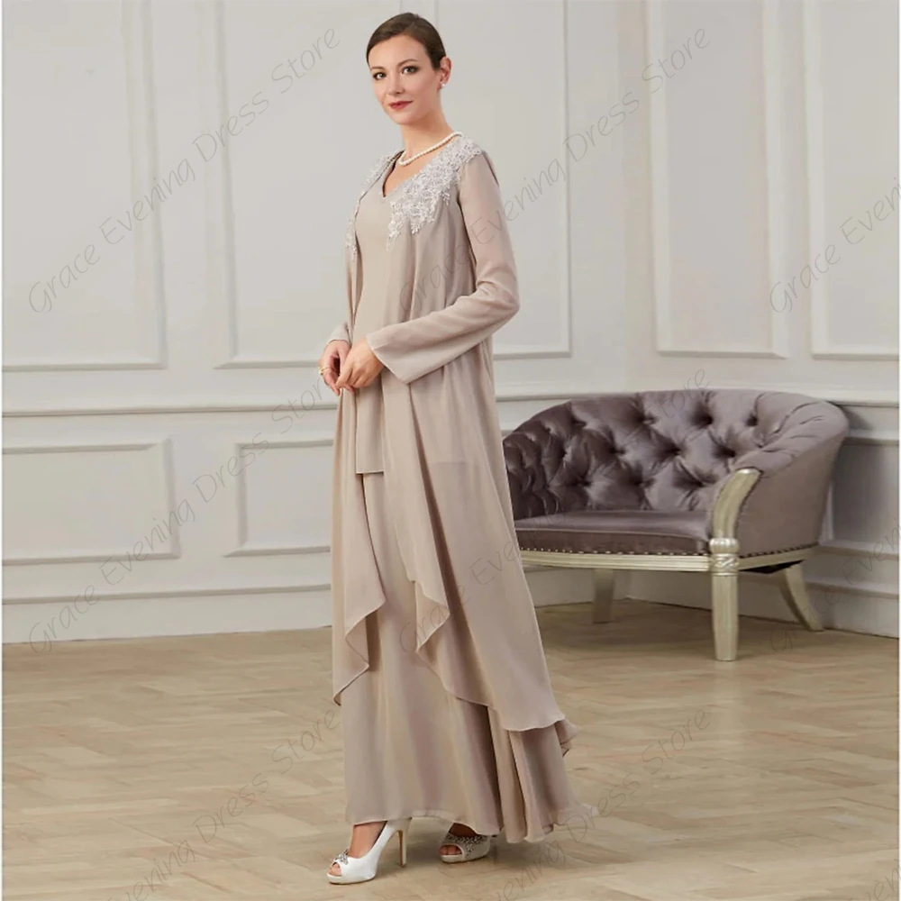 Ankle Length Charmpagne Mother of Bride Dresses with Lace Full Sleeve Wedding Party Gown for Wedding 2023 Robe De Soirée Summer