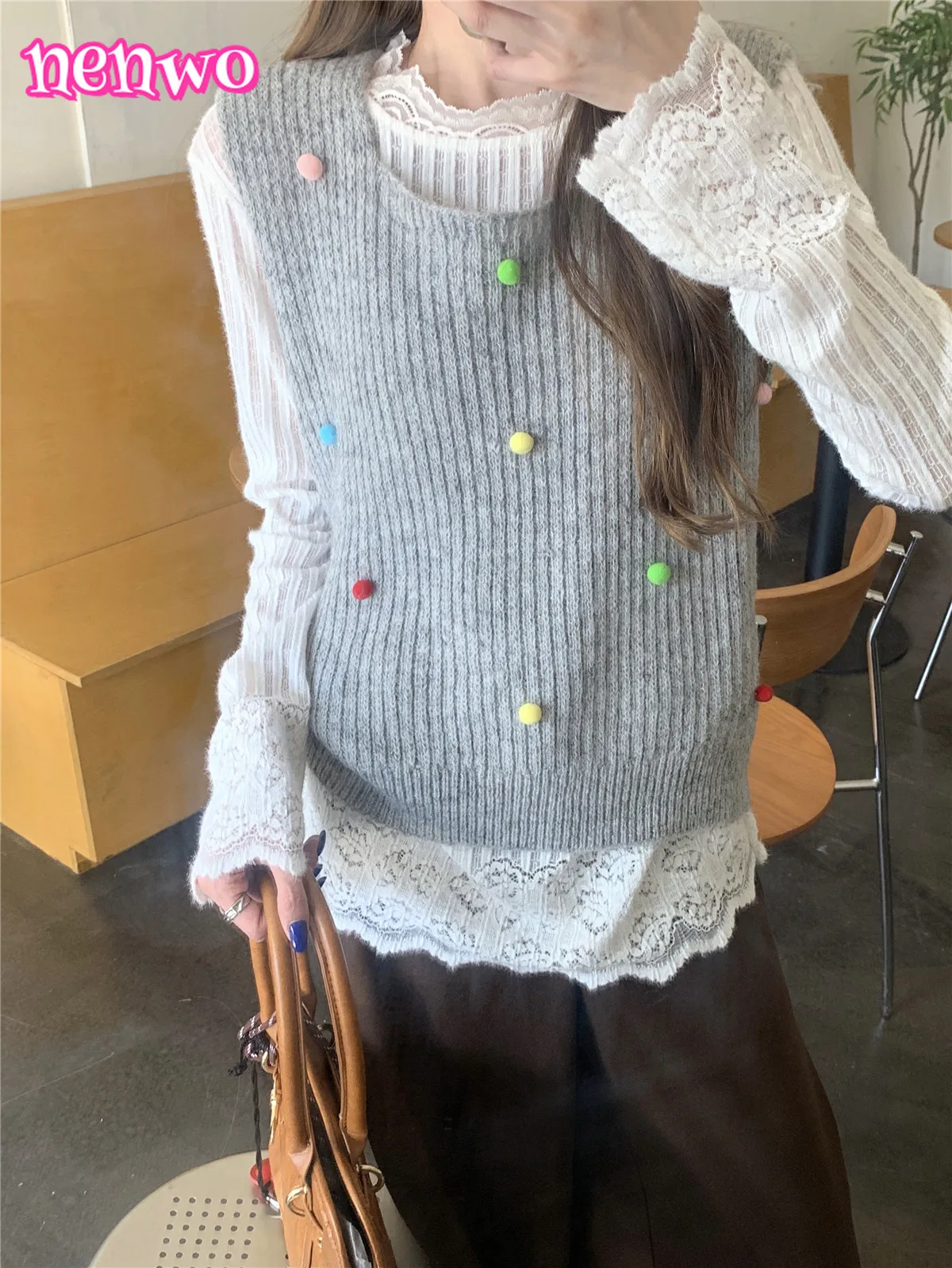 الحلو محبوك الكورية نمط الطبقات محبوك سترة الموضة الملونة الكرة + الدانتيل قاعدة قميص تي شيرت الخريف الشتاء وصول جديد