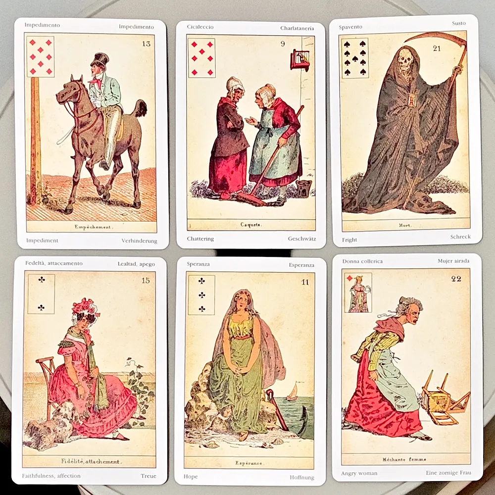 Sibilla Indovina Orakelkarten 10,5*6cm, Vintage 52-Karten-Orakelset – mehrsprachiger viktorianischer Stil
