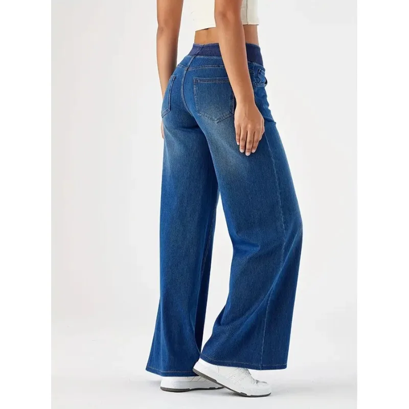 

Women's High-Waist Street Style Jeans Elastic Waist Casual Loose Fit Straight Leg Trousers Trendy European Fashion
