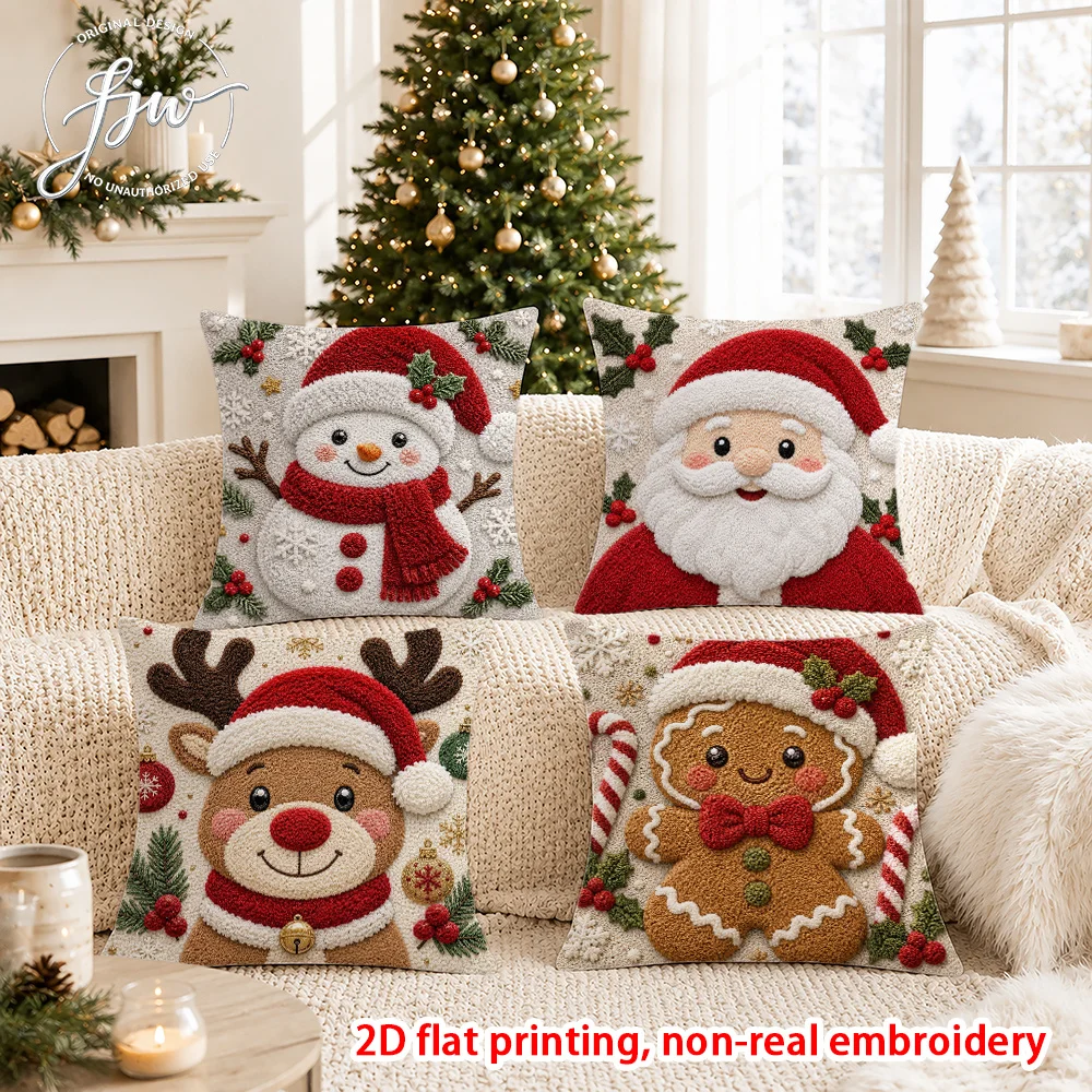 Premium 4PCS Christmas Throw Pillow Covers Set Santa Snowman Reindeer Printed Festive Holiday Xmas Cushion Home Decoration