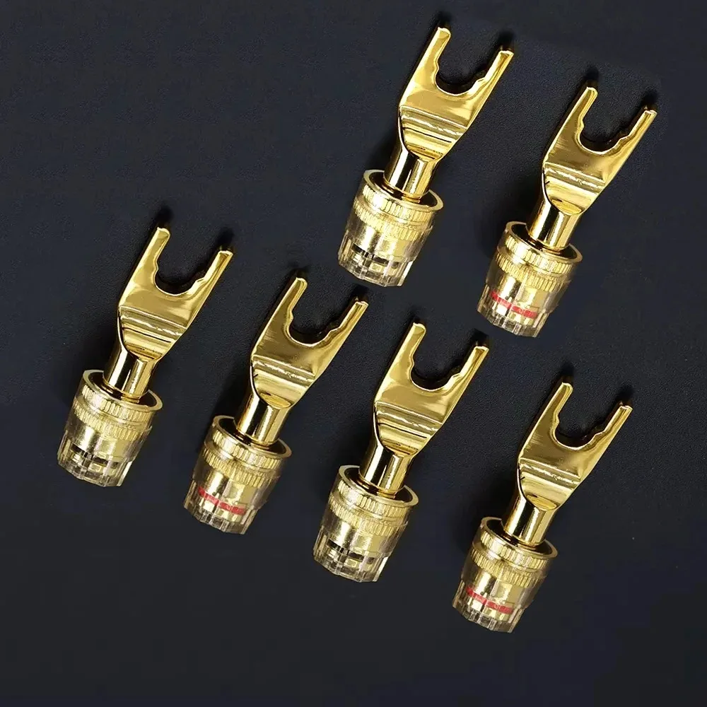 HiFi 24K Gold Plated Thickened Copper U-shaped Y Spade Speaker Cable Terminal Adapter (Fits 6-9mm / Max 4.0mm Wire)