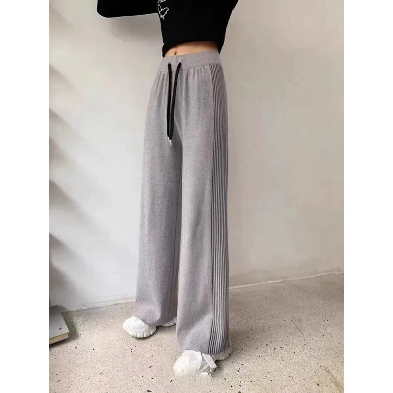 Winter Warm Knitted Wide Leg Pants Womens Casual Thick High Waist Pants Korean Fashion Loose Sweater Trousers Female New Outwear