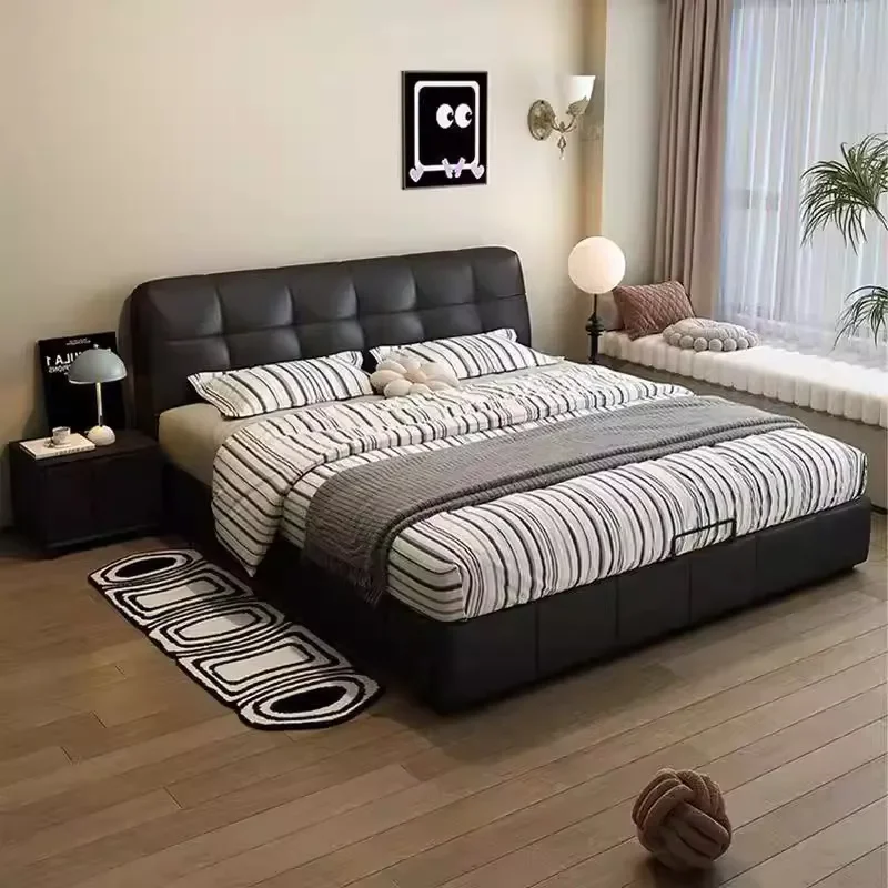 for Modern Simple Leather Bed Double Bed Master Bedroom Big Bed Small Apartment Flush Edge Internet Celebrity Small Puff Air