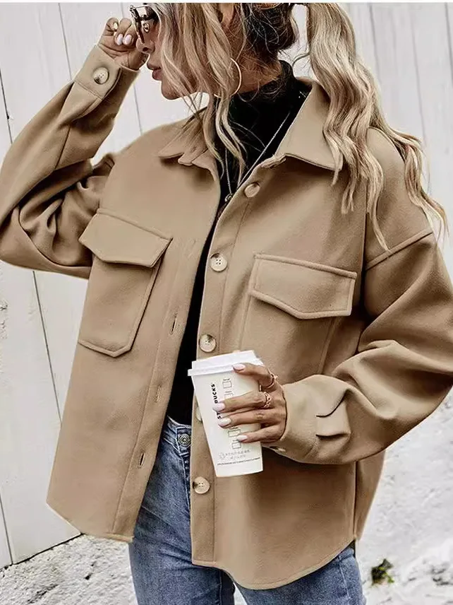 

Thiened Woolen Women's Spring Jaet Single Button Notch Collar Pure Color Commute Sle Casual Long Sve Coat