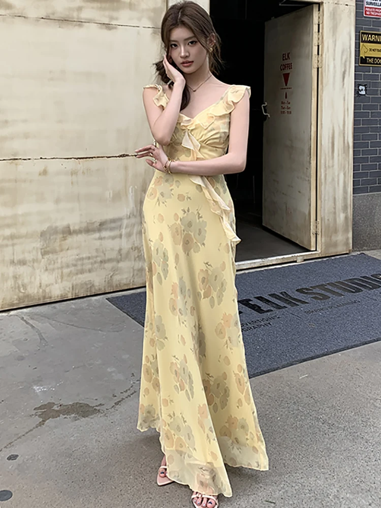 2025 ใหม่ดอกไม้ชีฟอง Chic Ruffled V คอชุดยาวเซ็กซี่ฤดูร้อน Boho Elegant ชุดนางเงือกผู้หญิงเกาหลีชุด Bodycon