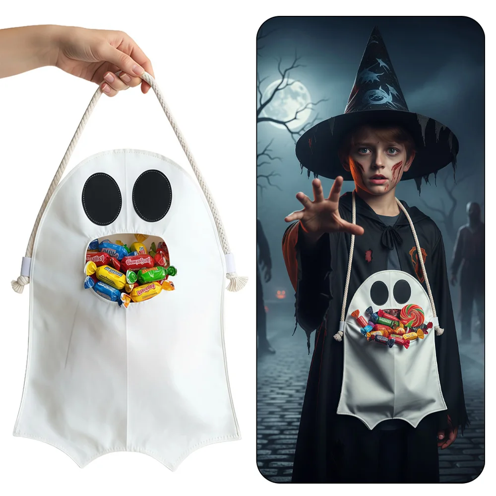 

Halloween Ghost Candy Bag – Trick or Treat Tote for Kids, Scary Ghost Bucket with Pockets for Party Games & Candy Collection