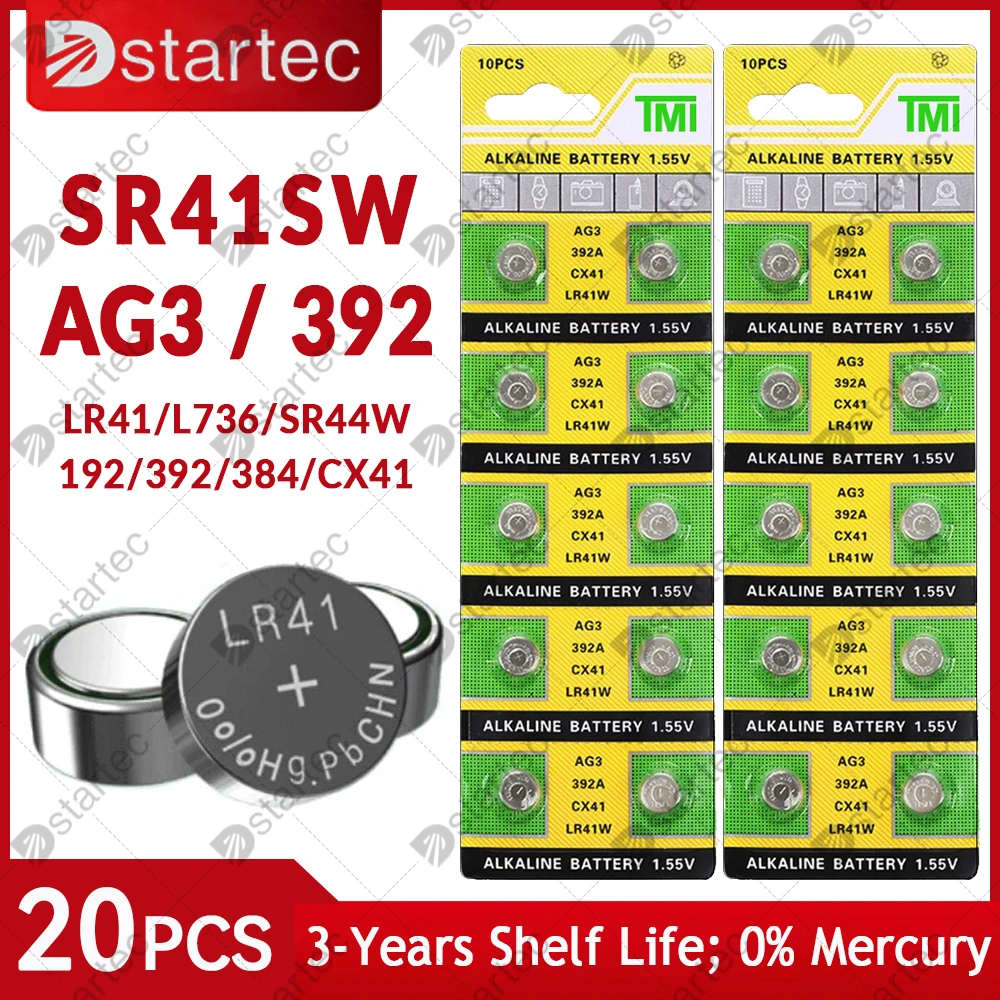 20 шт., батарейки AG3 LR41 392 192 1,55 в для часов, игрушек, пультов ДУ, V392 SR41 384 SR41SW CX41 L736, батарейки для монет, щелочные батарейки