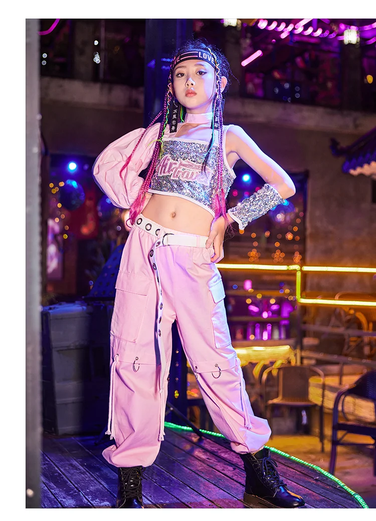 

Girls Sequins Hiphop Jazz Dancing Costume School Modern Street Dance Performance Team Clothes Kids Cheerleading Show Wear