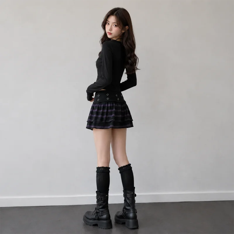 2026 Women Gothic Black Purple Striped Mini Skirt Y2K A Line Ruffle Skirt High Waist Punk Style Eyelet Detail Casual Short Skirt