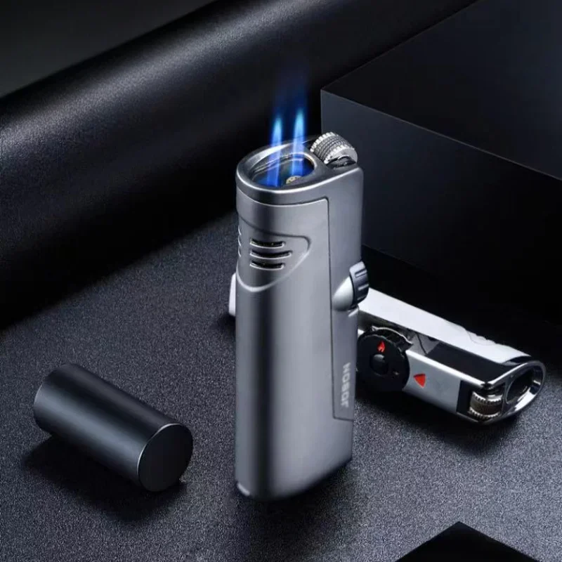 2024 JOBON Metal Butane Gas Lighter Outdoor Windproof Grinding Wheel Ignition Blue Flame 2 Torch High Pressure Jet Cigar Lighter