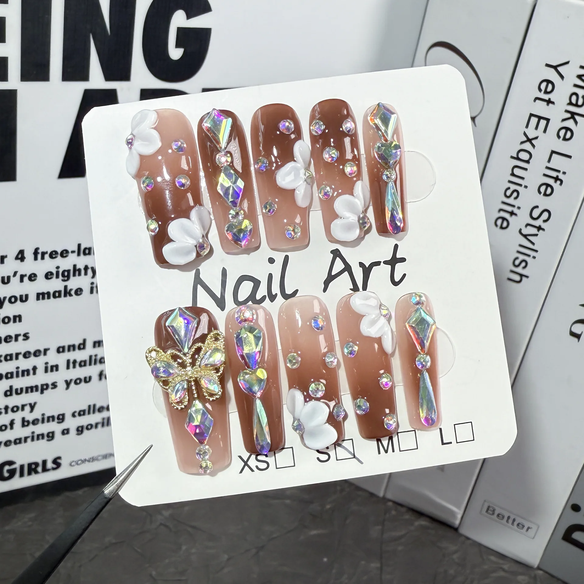 10 Uds. De uñas postizas cuadradas con purpurina hechas a mano, arte, flor de diamante, cobertura completa de puntas de uñas, diseño marrón degradado, uñas postizas largas