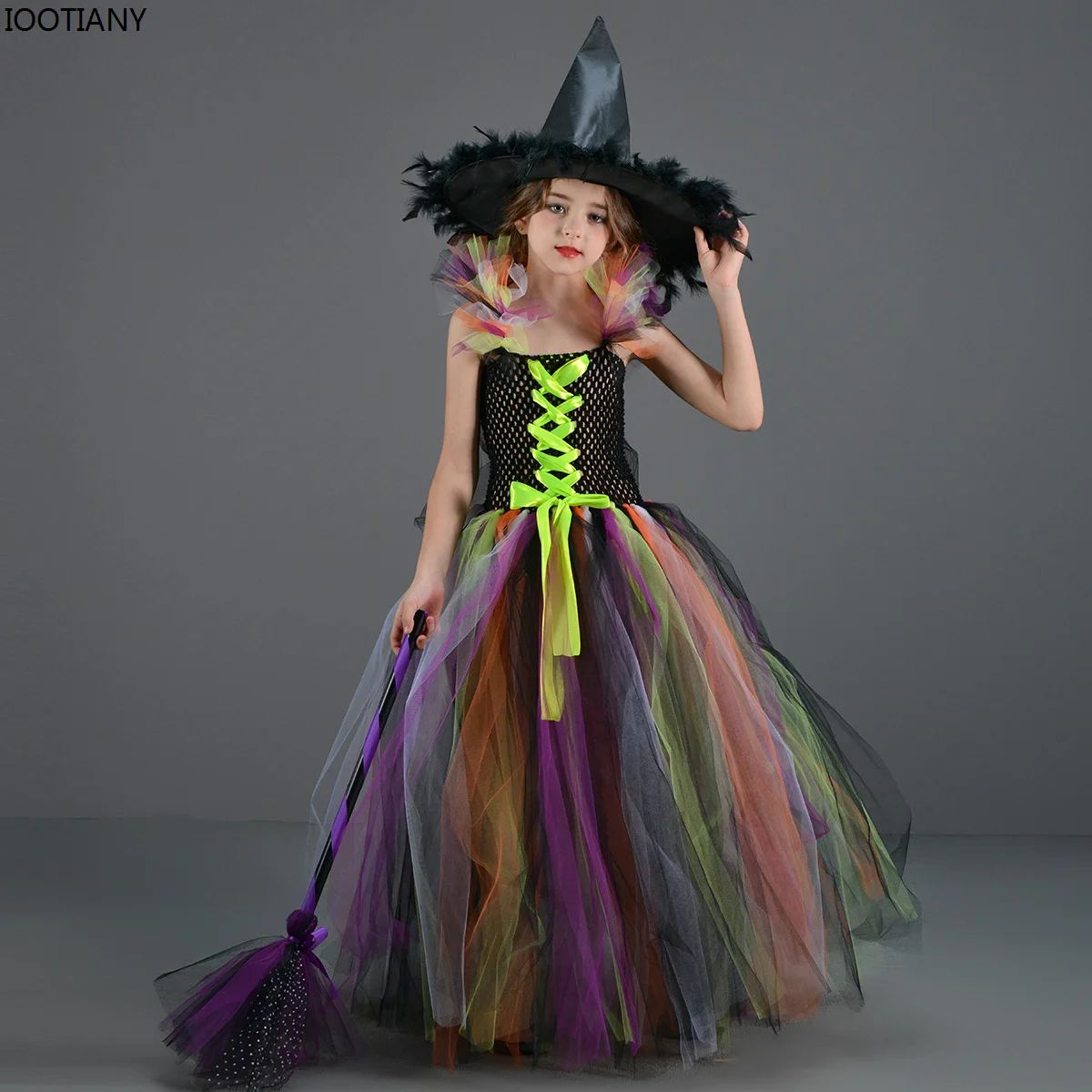 

IOOTIANY Halloween Girls Witch Cosplay Costume Tutu Children Witch Long Dresses Carnival Party Stage Performance Dress Up New