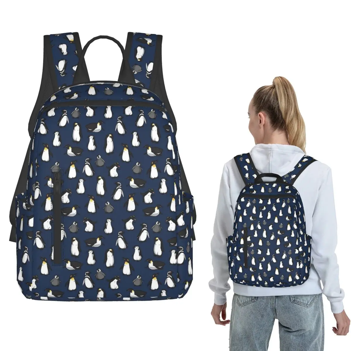 Cute Penguin Pattern (Dark Blue Variant) Backpack Daypack Boys Girls BookBag School Bag Shoulder Bags for Men Women