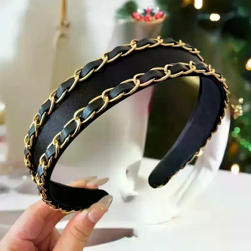 Black Wide Edge Chain Hairband Women's Elegant Daily Wear Face Wash Headband Hair Clip Fashionable Hair Accessories