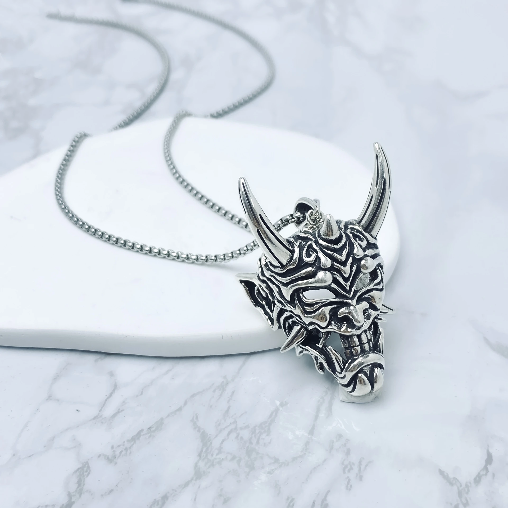 PEZNO Stainless Steel Japanese Hannya Mask Pendant Necklace | Gothic Samurai Jewelry for Men | Vintage Amulet Gift
