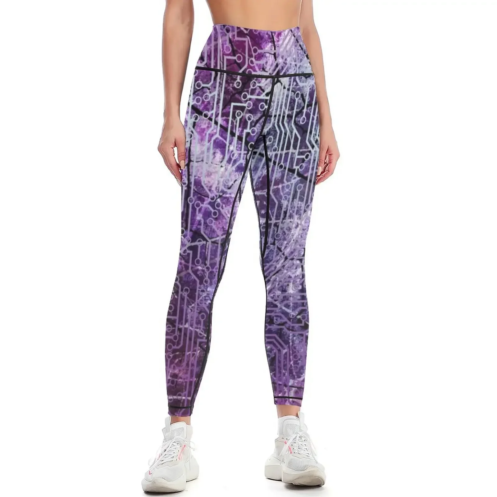 

Dark Purple Cyber Circuit Board Textured Pattern Leggings for fitness trousers for girls Women's fitness Womens Leggings