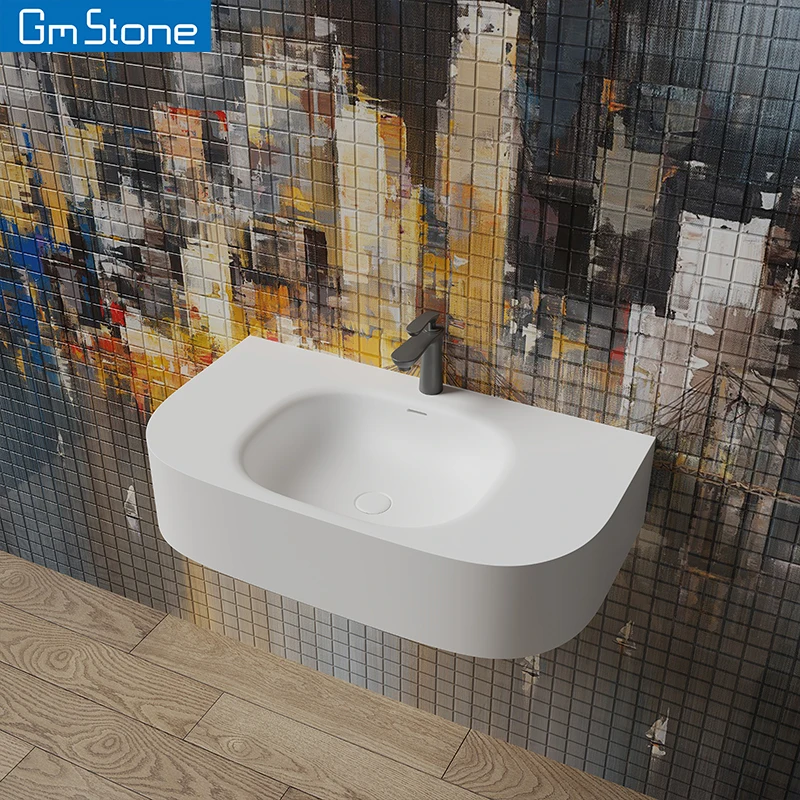 

Modern Single-hole Faucet Mount Wall-Hung Rectangular Bathroom Wash Basin Solid Surface Stone Eco-Friendly Easy Clean 1 Sink