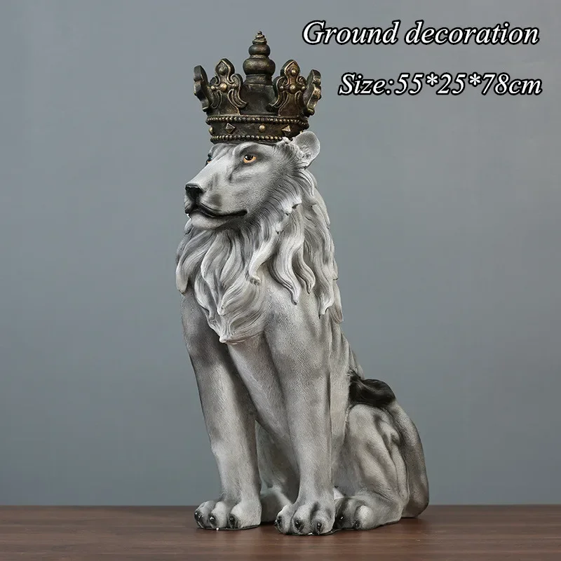 Nordic Floor Decor Crown Lion Sculpture Animal Ground Decoration Furnishings Living Room Office Artwork Resin Ornaments