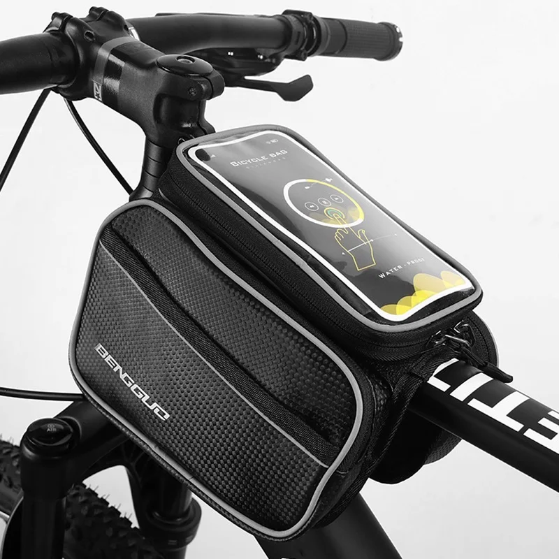 1Pc Black Bicycle Top Frame Tube Bag Bicycle Hard Shell Front Rack Bag Touch Screen Top Tube Phone Waterproof Saddle Bag