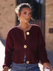 TRAFZA TRAFZA Autumn Fashion Women Sweater Coat Vintage Wine Red O-Neck Long Sleeve Single Breasted Female Casual Loose Knit Top