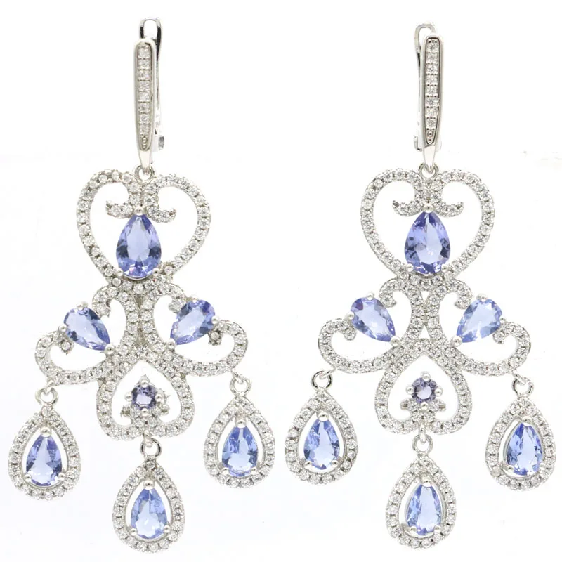 Buy 4 Get 1 Free 56x24mm Elegant Long Big London Blue Topaz Kunzite Iolite Smoky Topaz CZ Ladies Dating Silver Dangle Earrings