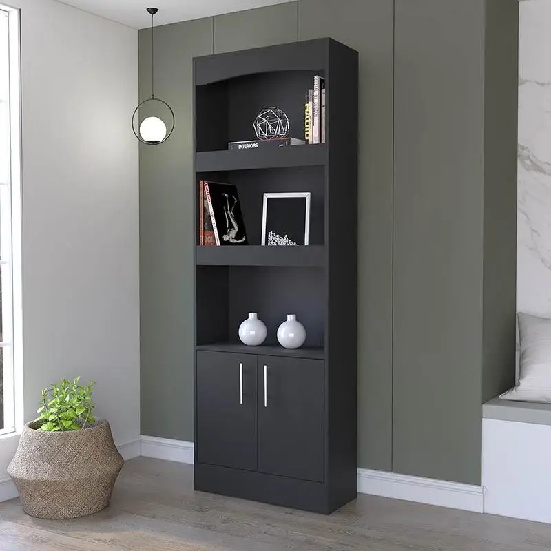 Three-Shelf Bookcase with Double Door Cabinet Storage Unit