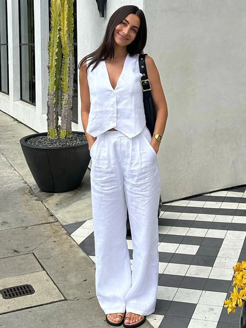 

Shpmishal Summer White Linen Two Piece Set For Women 2023 Fashion Sleeveless Tank Top New In Matching High Waist Wide Pants Set