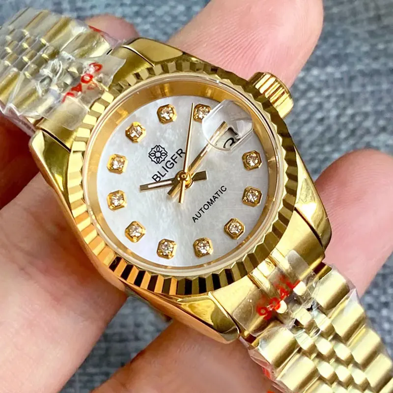 New Bliger Mechanical Women\'s Watch NH05A Mother of Pearl MOP Gold Plate 26mm Sapphire Crystal Fit Lady\'s Birthday Gift