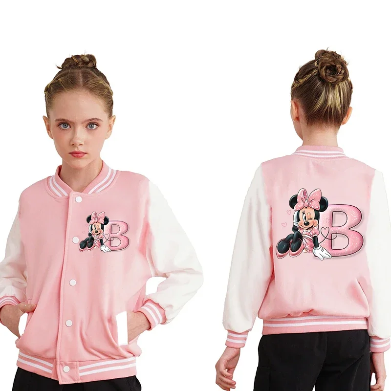 Disney Minnie Mouse Baby Girl Coats Cartoon Letter A-Z Baseball Jacket for Kid Sweatshirt Children Windbreaker Outerwear Clothes