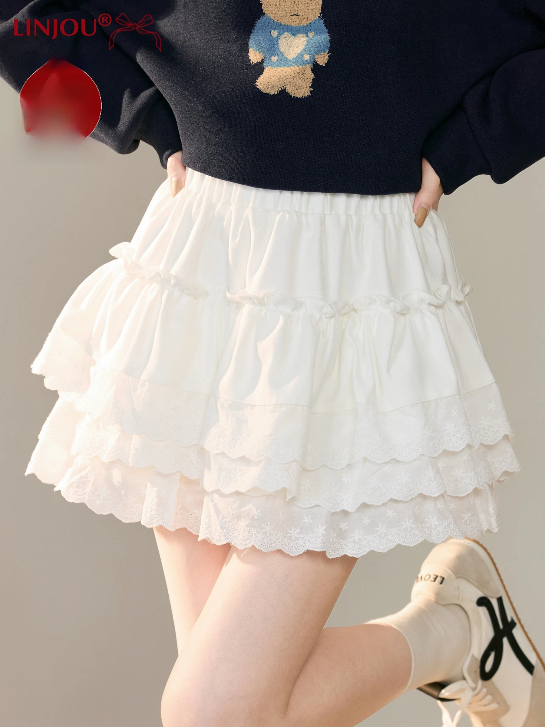 

ort Puffy Skirt with Ruffle Patchwork Design for Women Autumn Winter New Sle Slimming Cake Skirt High Waist Gathered Poly...