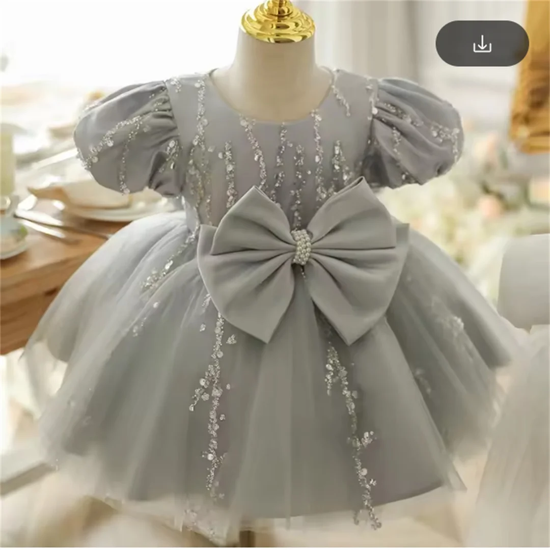 Fashion Girl Princess Vintage Sequins Dress Puff Sleeve Infant Toddler Child Bow Vestido Party Birthday Costume Clothes