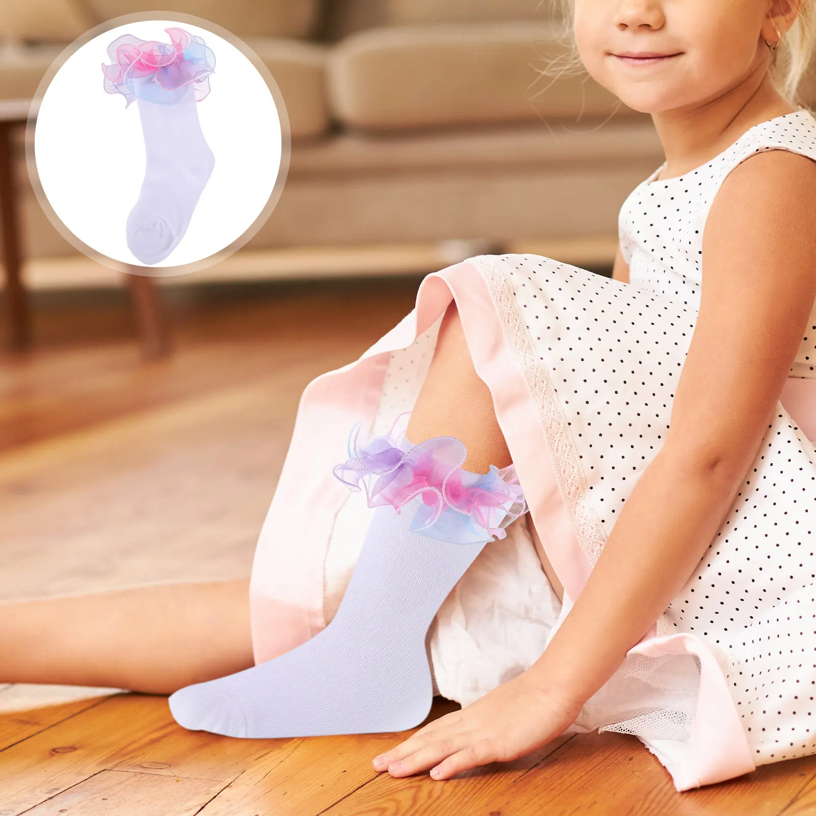 2Pairs Toddler Girl Lace Socks Rainbow Knee High Breathable Cotton Princess Socks Frilly Cuff Cute Dress Up Wear