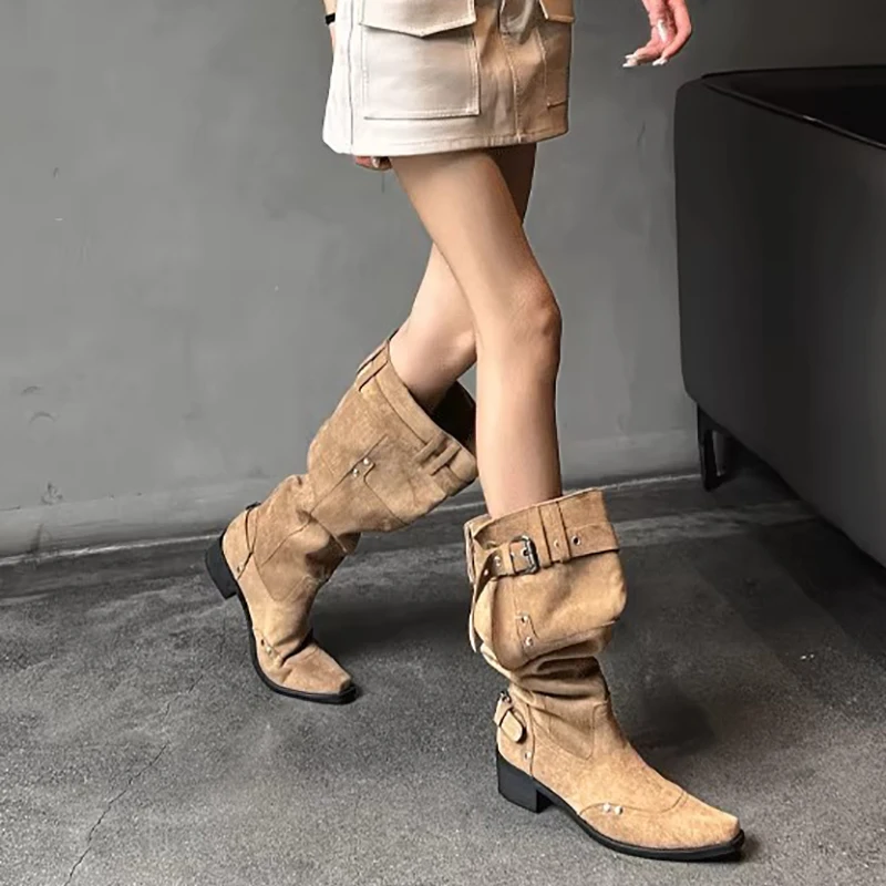 New Khaki Cowboy Western Boots For Women Thick High Heels Women Knee-High Boots Women Long Tube Boots Women Party Botines Mujer