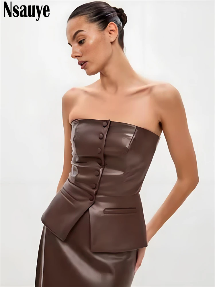 

Nsauye пуловер женский однобортный сексуальный кожаный жилет без бретелек для ночного клуба мини-майки узкие модные летние укороченные топы 2025